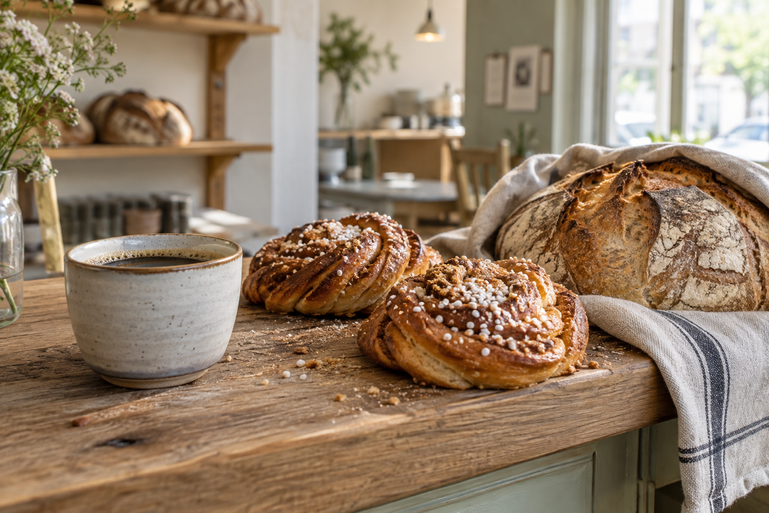 Brot, Zimtschnecken und Kaffee für eine Fika – KI-generiertes Beispielbild