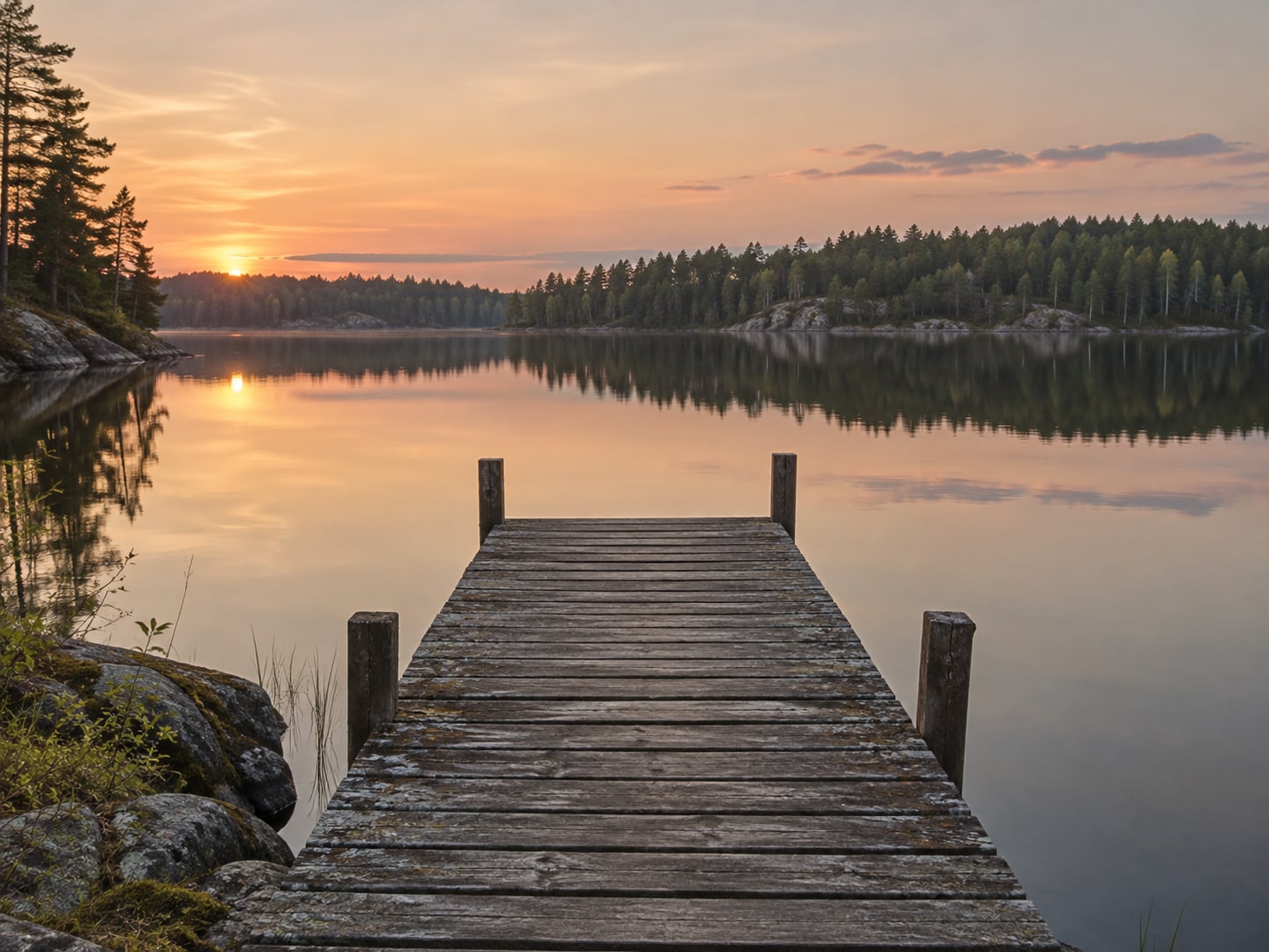 Ein Holzsteg am stillen See im Abendlicht