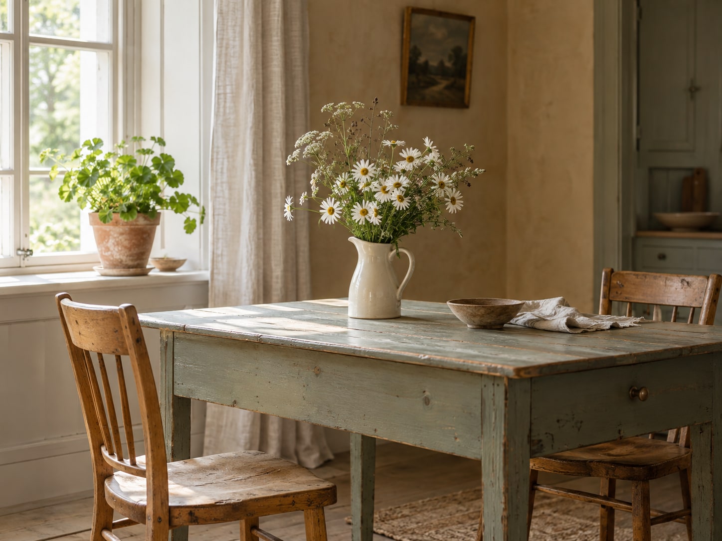 Ein restaurierter Holztisch mit Wiesenblumen am Fenster