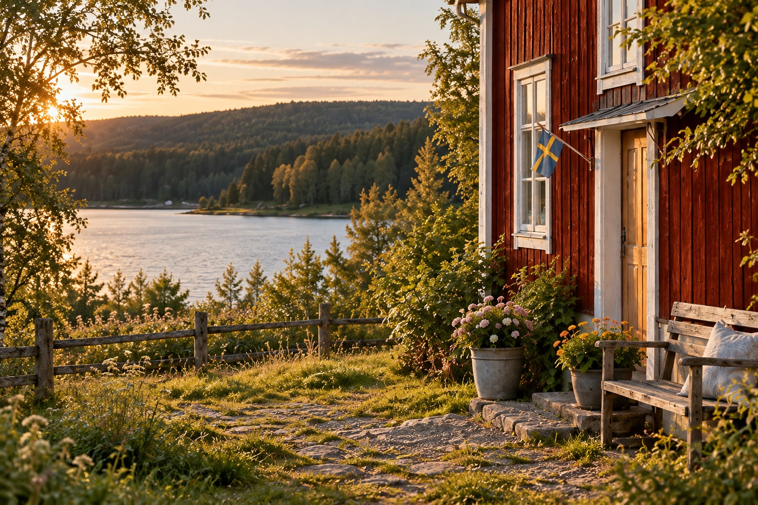 Ein schwedisches Holzhaus in einer weiten Landschaft